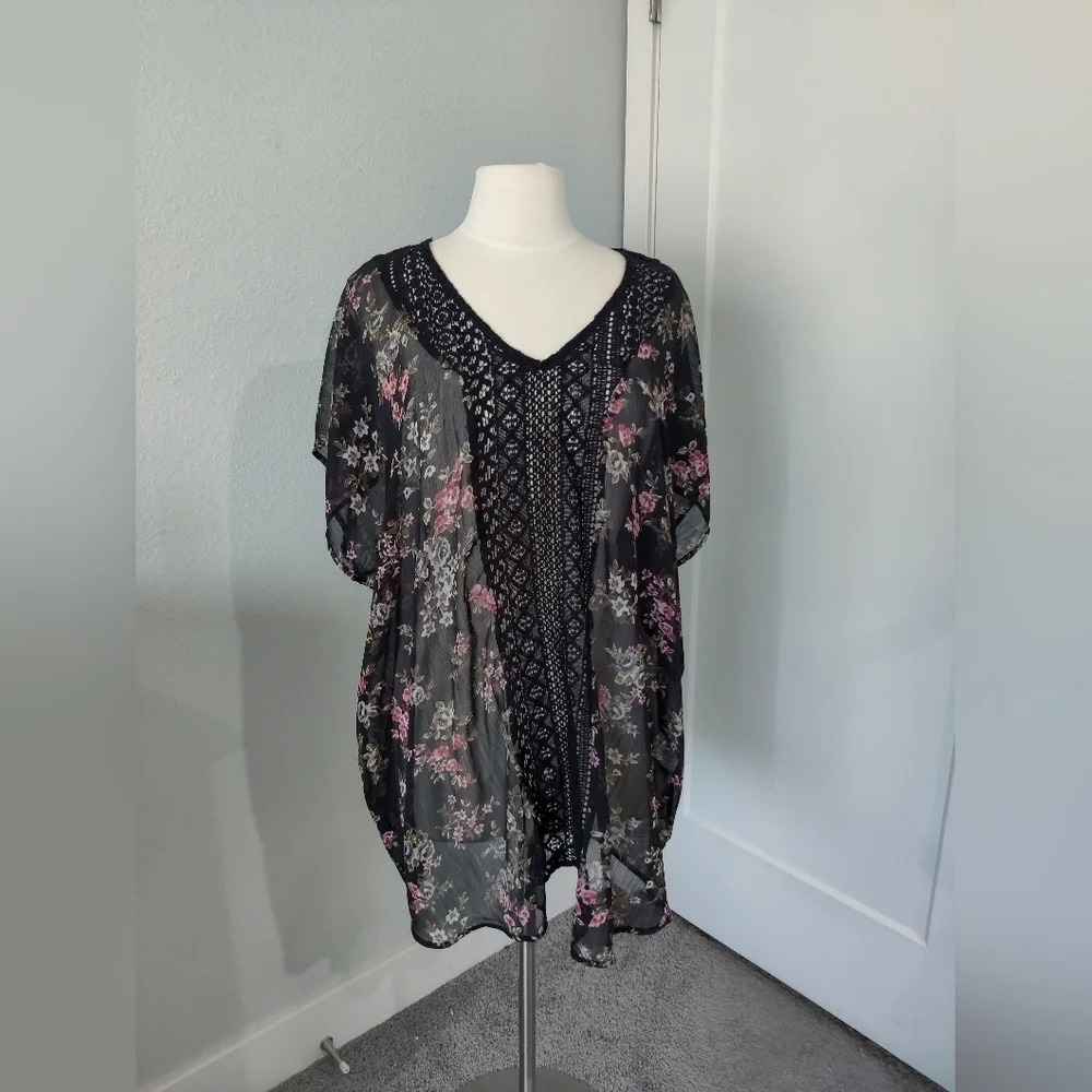 Oversized Black Florals Beach/Pool Cover Up